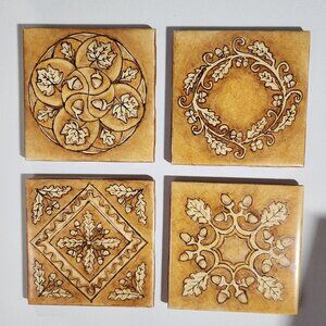 Hand Painted Porcelain Tile Coasters, Set of Four, Oak Leaves and Acorns